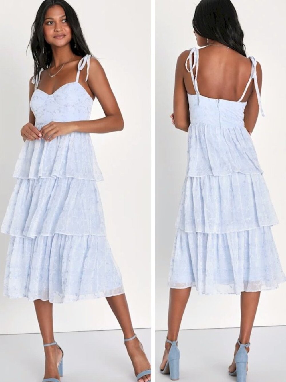 Lulus Vineyard Visit Blue Embroidered Tie-Strap Tiered Midi Dress Size XXS